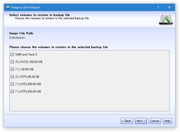 Select volume to restore in backup file