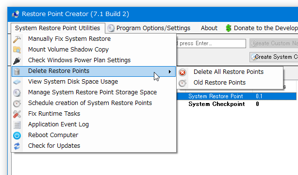 「System Restore Point Utilities」→「Delete Restore Point」→「Old Restore Point」を選択する