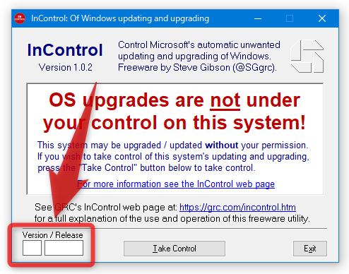 「Version」「Release」欄を削除してから「Take Control」ボタンをクリックすると...