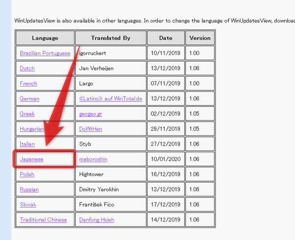 ダウンロード先ページの下部にある「Japanese」というリンクをクリックする