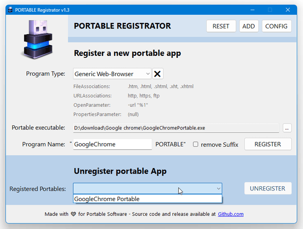 「Registered Portables」欄で、設定解除を行うアプリを選択する
