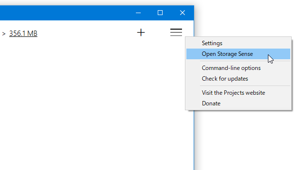 メニューボタンをクリック → 「Open Strage Sense」を選択する