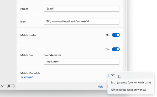 「[Multiple Files] Match Multiple Files」欄に、複数のファイルを送った時の挙動を選択する