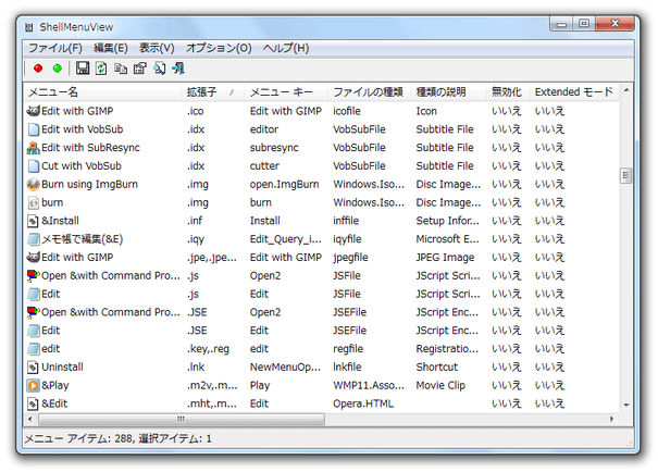 右クリックメニュー内に登録されているアイテムが、リスト形式で一覧表示される