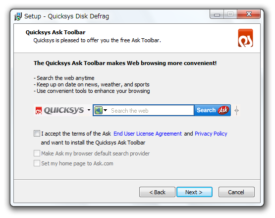 「Quicksys Ask Toolbar」のインストールを促すような画面