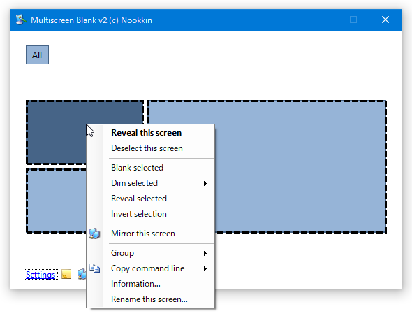 暗くなっているモニターを右クリックし、「Reveal this screen」か「Reveal selected」を選択する