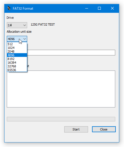 「Allocation unit size」欄で、アロケーションユニットサイズを指定する
