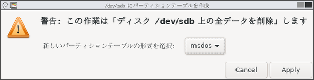 警告 : この作業はディスク ○○ 上の全データを削除します