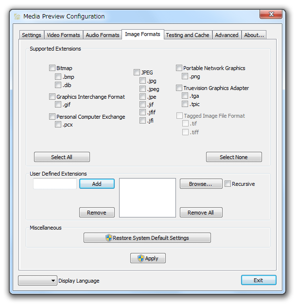 「Image Formats」タブ