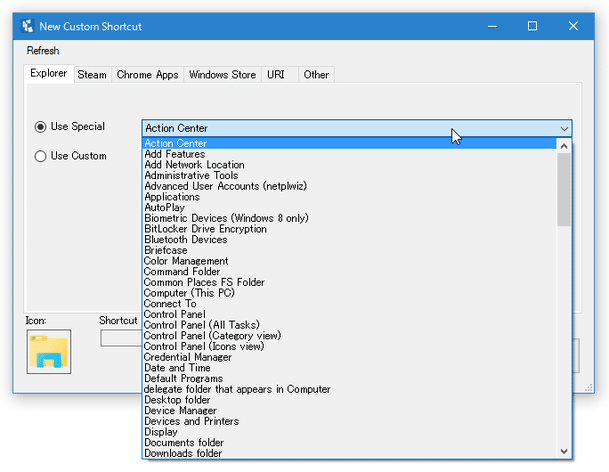 「Use Special」欄で、ショートカットのリンク先を指定する