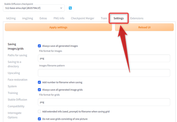 「Settings」タブを開く