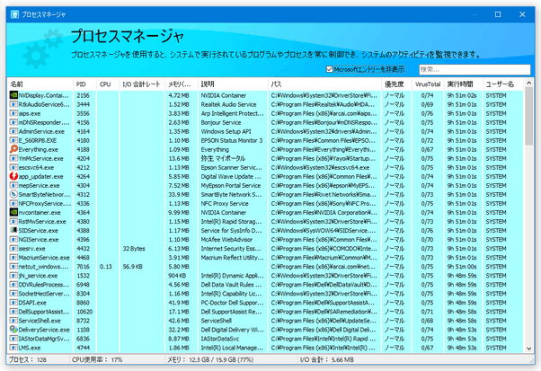 Microsoft 製のプロセスを隠すこともできる