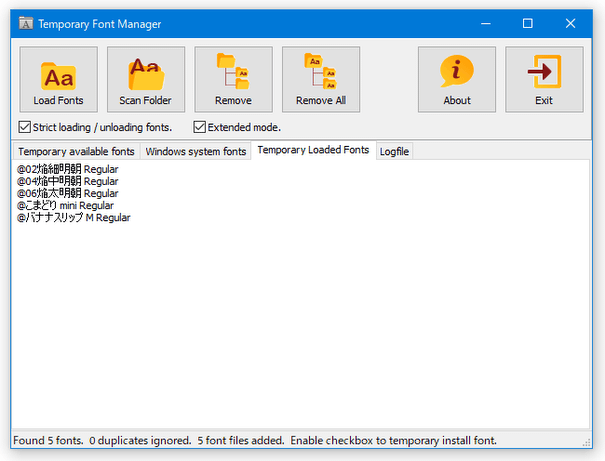 「Temporary Loaded Fonts」タブ