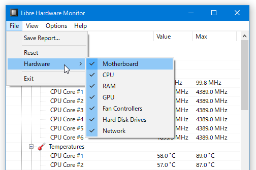 メニューバー上の「File」→「Hardware」から、表示する情報を変更することも可能