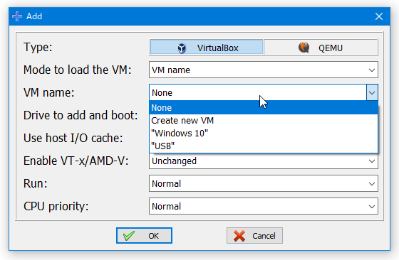 「VM name」欄で、USB ブートを実行可能にする仮想マシンの名前を選択する