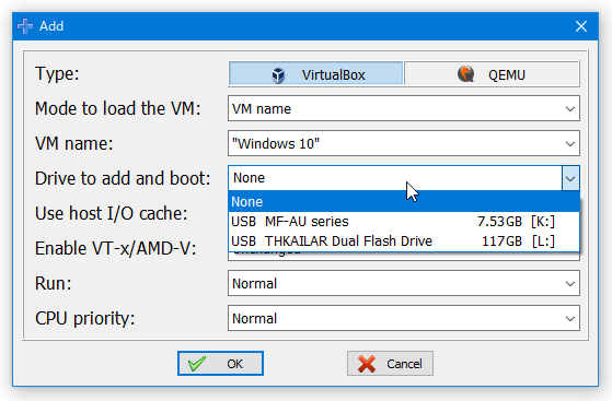 「Drive to add and boot」欄で、ブート可能にする USB ドライブを選択する