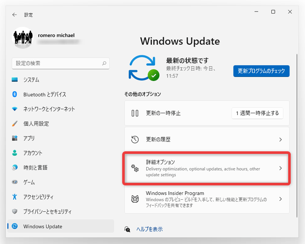 「Windows Update」内の「詳細オプション」を選択する