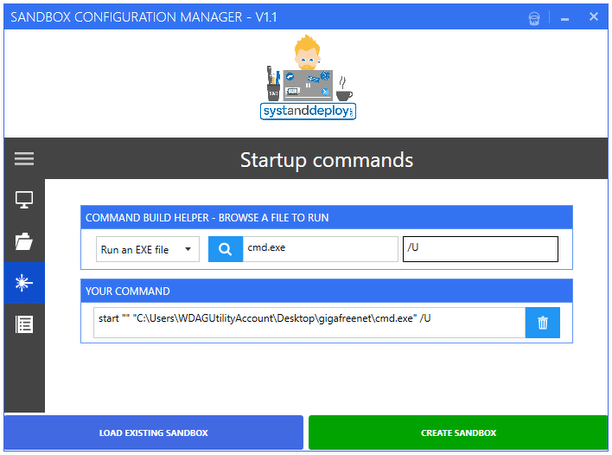 「YOUR COMMAND」欄に、サンドボックス起動時に自動で実行されるコマンドラインが表示される