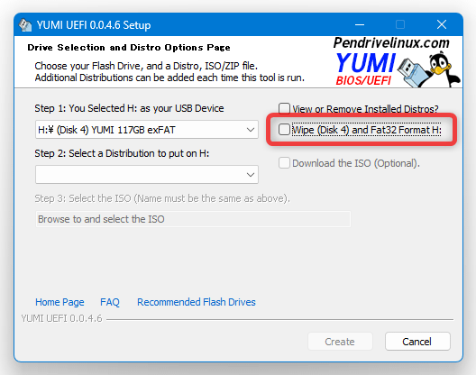 「Wipe (Disk 〇) and Fat32 Format 〇:」にチェックを入れる