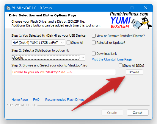 「Step 3」欄で、欄の右端にある「Browse」ボタンをクリックし、書き込むイメージファイルを選択する