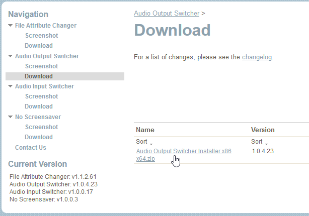 「Audio Output Switcher Installer x86 x64.zip」というリンクをクリック