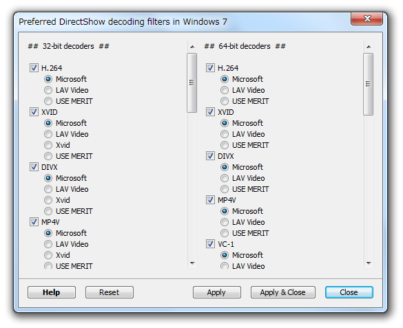 Preferred DirectShow decoding filters in Windows 7