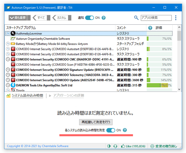 「システム読み込み時間」タブ