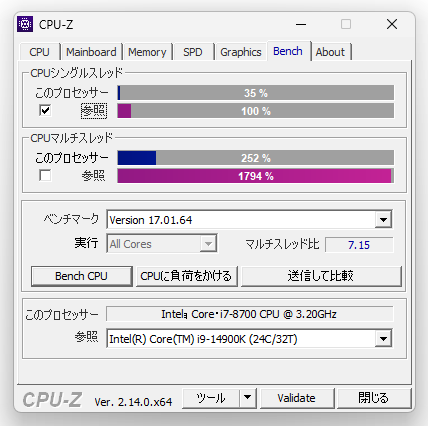 比較対象とした CPU との相対性能値を確認することもできる
