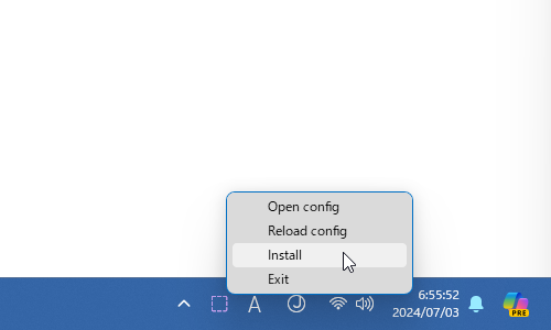 タスクトレイアイコンを右クリックして「Install」を選択する