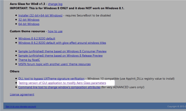 Testing version of GUI application to modify Aero Glass parameters