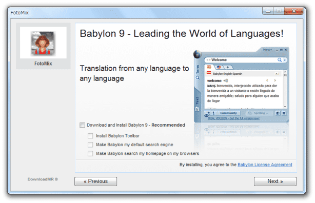 「Babylon Toolbar」のインストールを促す画面