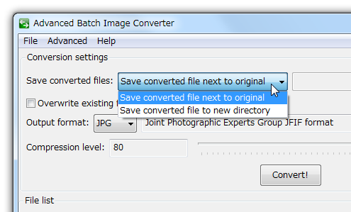 「Save converted file next to original」をクリックして「Save converted file to new directory」を選択する