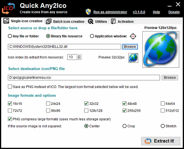 ICO / ICL / EXE / DLL ファイルからアイコンを抽出する場合は、画面上部の「Binary file resource」にチェックを入れる