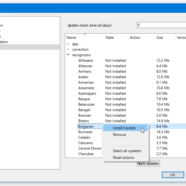 認識可能にしたい言語を右クリックして「Install/Update」を選択する