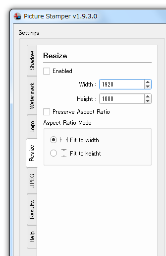 「Resize」パネル