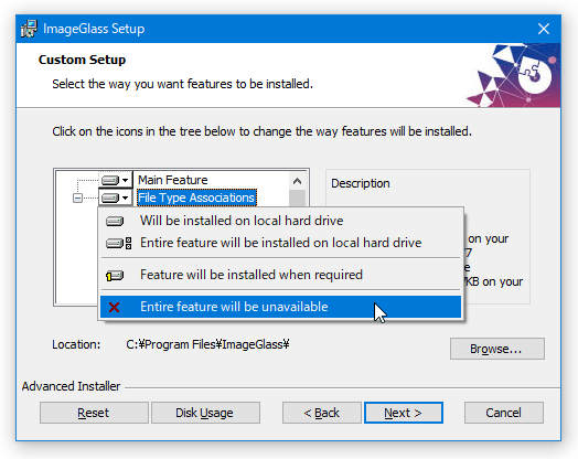 「File Type Associations」を「Entire feature will be unavailable」にする