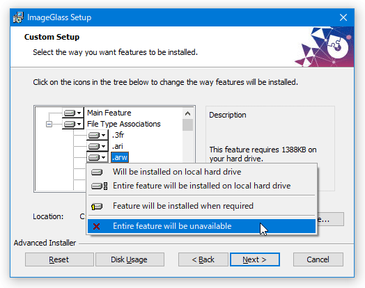 関連付けたくないフォーマットのみを「Entire feature will be unavailable」にしておいてもよい