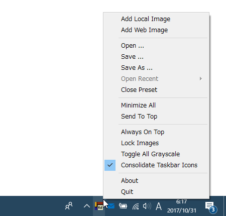 トレイアイコンの右クリックメニュー