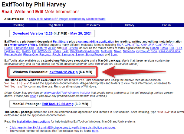 ExifTool をダウンロードする