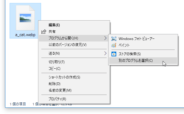 WEBP 画像を右クリックし、「プログラムから開く」 → 「別のプログラムを選択」を選択