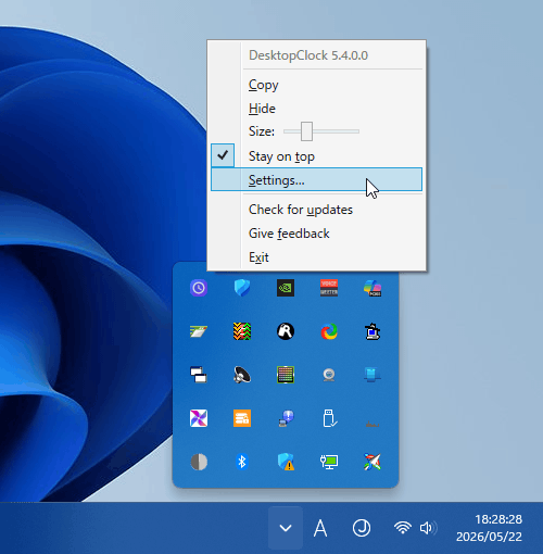 「DesktopClock」のアイコンを右クリックして「Settings…」を選択する
