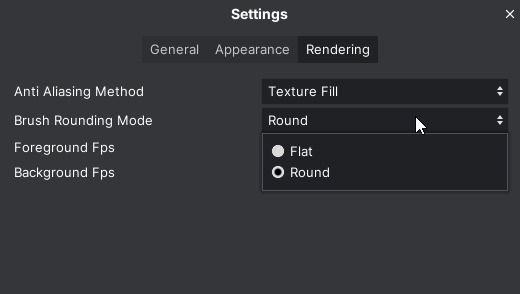 「Rendering」タブの「Brush Rounding Mode」欄で、「Round（円形）」「Flat（矩形）」のどちらかを選択する