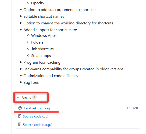 「Assets」という部分をクリックしてから「TaskbarGroups.zip」をクリックする