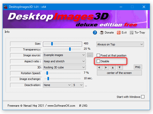 「Disable」にチェックを入れると、3D 画像の表示を一時的に無効化することができる