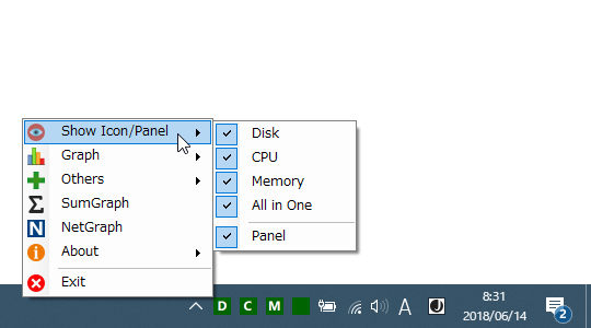 パネルやタスクトレイアイコンは、個別に表示 / 非表示 を切り替えることができる
