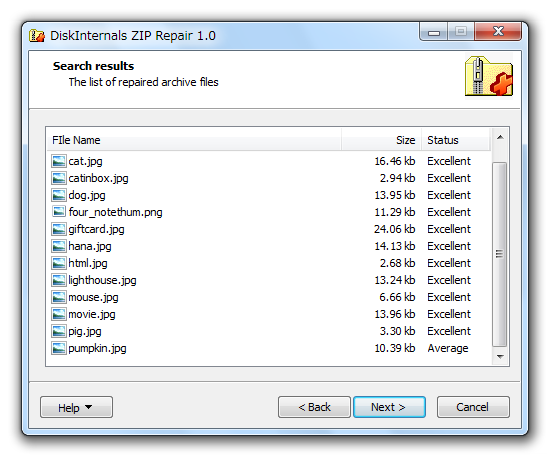 ZIP 内のファイルが、リスト表示される