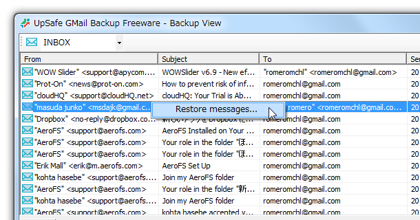 メールを右クリック → 「Restore Messages」を選択することで、該当のメールをGmail に復元することも可能