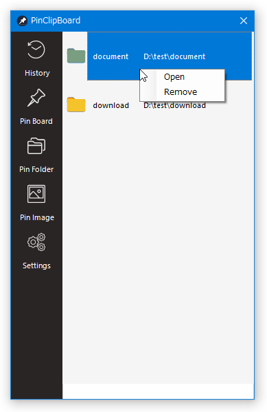 ピン留めされたフォルダの右クリックメニュー