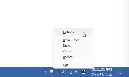 タスクトレイアイコンを右クリックし、「Options」を選択する