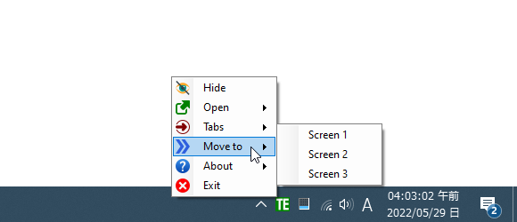 タスクトレイアイコンの右クリックメニューから、「Tabbed Explorer」のウインドウを指定したモニターに移動させることもできる